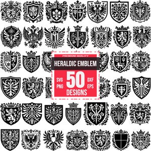 May include: A set of 50 black and white heraldic emblem designs. The designs feature shields, crowns, and other heraldic symbols. The text "HERALDIC EMBLEM" and "50 DESIGNS" is displayed in red.