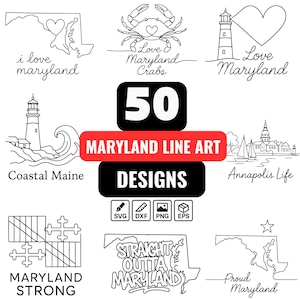 Maryland Line Art SVG Bundle – 50 State Pride, Crab, Lighthouse, and Annapolis Harbor Designs for Cricut, Silhouette, and Laser Crafts