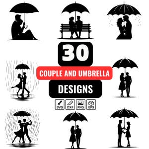 Könnte beinhalten: Eine Sammlung von 30 Designs für Paare und Regenschirme in Schwarz und Weiß. Die Designs zeigen Silhouetten von Paaren unter Regenschirmen, auf Bänken und beim Tanzen im Regen. Dateiformate: SVG, DXF, PNG, EPS.
