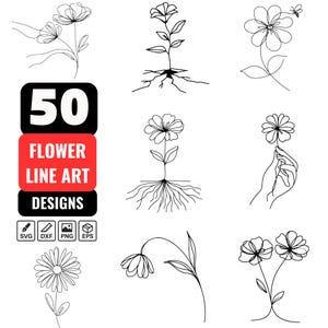 Puede incluir: Una colección de 50 diseños de arte lineal de flores en blanco y negro. Los diseños incluyen varias ilustraciones florales, algunas con raíces, y una con una mano sosteniendo una flor. La imagen también incluye el texto "50 FLOWER LINE ART DESIGNS".