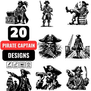 May include: A collection of 20 pirate captain designs in black and white. The designs include illustrations of pirates with treasure chests, pistols, and on ships. Text includes "PIRATE CAPTAIN DESIGNS" and file type icons.
