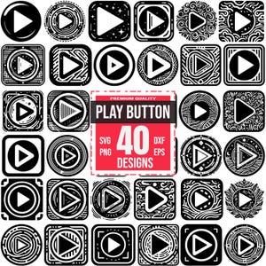 May include: A collection of 40 black and white play button designs in various shapes, including circles and squares. The designs are intricate, with decorative patterns surrounding the play symbols. The image includes the text "PLAY BUTTON" and "40 DESIGNS".