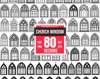 80 Church Window SVG Bundle, Gothic Cathedral Window Clipart PNG, Medieval Arch Cut Files for Cricut, Victorian Window Silhouette