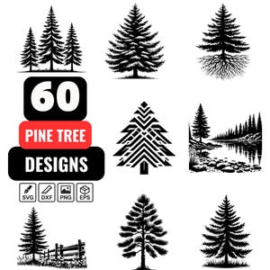 Pine Tree SVG Bundle, 60 Pine Tree Silhouette Clipart, Forest Pine svg png dxf eps, Evergreen Christmas Tree SVG, Woodland Landscape Vector