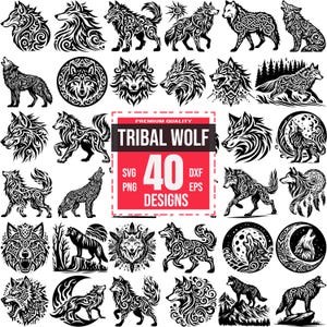 Pode incluir: Um conjunto de 40 designs de lobo tribal em preto e branco. Os designs apresentam várias silhuetas de lobos, incluindo lobos uivando, lobos com padrões intrincados e lobos com luas e estrelas. Os designs são perfeitos para artesanato, scrapbooking e outros projetos criativos.