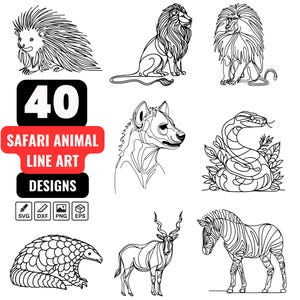 Safari djur linjeteckning SVG-paket, enlinjeteckning lejon zebra orm clipart, Safari Png, kontinuerlig linjeteckning antilop, hyena, myrkott etc.