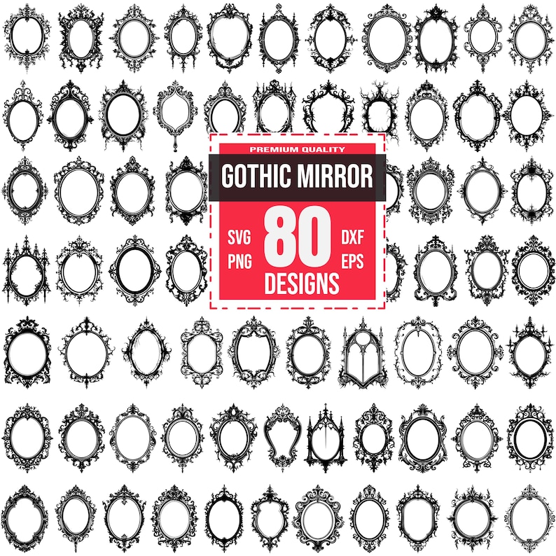 K&ouml;nnte beinhalten: Ein Set mit 80 schwarzen und wei&szlig;en gotischen Spiegelrahmen-Designs. Die Rahmen sind verziert und detailliert, mit einer Vielzahl von Formen und Gr&ouml;&szlig;en. Die Designs sind perfekt f&uuml;r die Verwendung in Scrapbooking, Kartenherstellung und anderen Bastelprojekten.