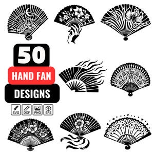 Hand Fan SVG Bundle | 50 Vintage Hand Fan Clipart PNG | Decorative Folding Fan SVG, Japanese Fan, Floral Fan Silhouette, Laser Cut Design