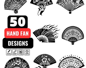 Paquete SVG de abanicos de mano / 50 imágenes prediseñadas PNG de abanicos de mano vintage / Abanico plegable decorativo SVG, abanico japonés, silueta de abanico floral, diseño cortado con láser