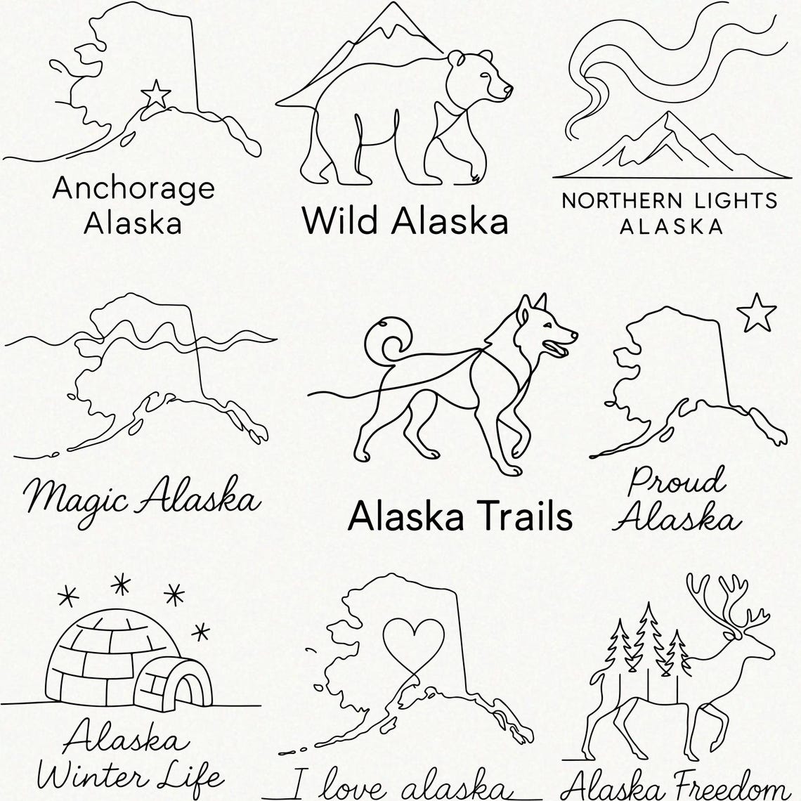 Alaska Line Art SVG Bundle – 50 State Pride, Wildlife, Fishing, and ...