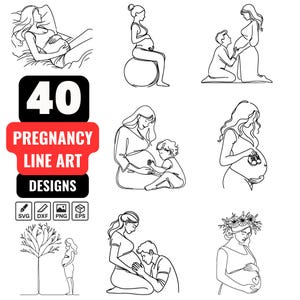 Pakiet Ciąża Line Art SVG | 40 Minimalistycznych Ciążowych PNG | Clipart Przyszłej Mamy, Rysunek Jedną Linią, Dekoracja Baby Shower