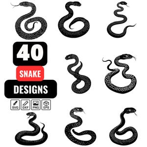 Könnte beinhalten: Eine digitale Sammlung von 40 schwarz-weißen Schlangendesigns in verschiedenen gewundenen und auffälligen Posen mit detaillierten Schuppenmustern. Das Bild enthält den Text 40 SNAKE DESIGNS sowie Symbole für SVG-, DXF-, PNG- und EPS-Dateiformate.