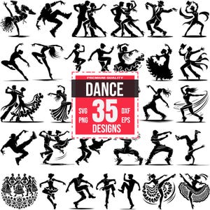Peut inclure: Un ensemble de 35 poses de danse en silhouette noire et blanche. Les poses comprennent des couples dansant, des danseurs en solo et des danseurs dans différents styles. Le texte "DANCE 35 DESIGNS" est dans un encadré rouge.