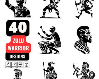 Zulu Warrior Clipart Bundle – 40 Tribal Warrior Silhouettes & Illustrations for Cricut, T-Shirts, Posters and African Decor for DIY Projects