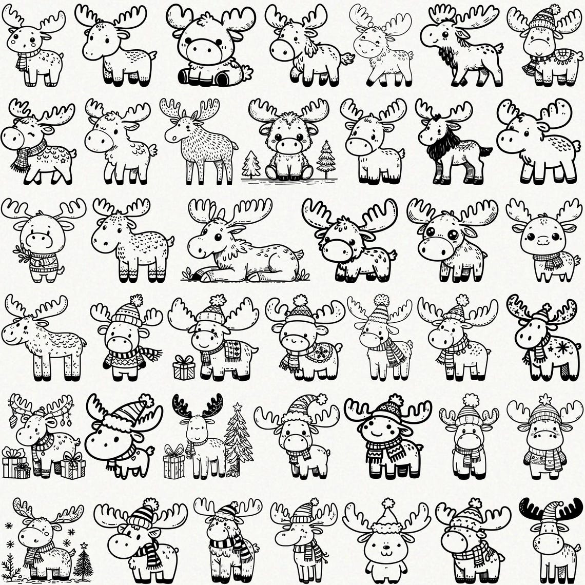 Cute Moose SVG Bundle, Kawaii Christmas Moose Clipart PNG, Baby Moose ...