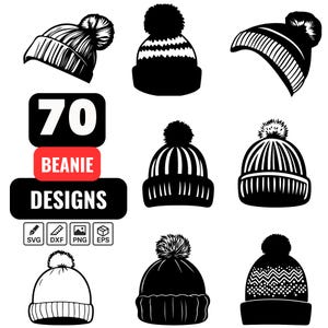 Könnte beinhalten: Schwarz-weiße Grafik von sieben Mützen-Designs mit Bommeln. Das Bild enthält den Text "70 BEANIE DESIGNS" und Symbole für die Dateiformate SVG, DXF, PNG und EPS.
