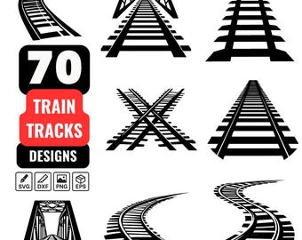 Paquete SVG de vías de tren: 70 diseños de vías de tren, PNG de vías de tren, cruces de ferrocarril, elementos de vías de tren, siluetas de vías de tren