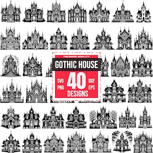 40 gotische huis SVG-bundel, spookhuis clipart, Victoriaans herenhuis, lasergesneden gotisch huis SVG, spooky Halloween-huis