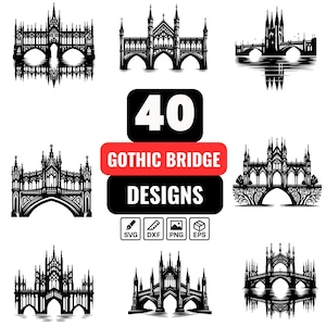 40 gotisk bro SVG-paket, medeltida bro Clipart, gotisk bågbro, laserskuren slottbro SVG, fantasybro-klippfil