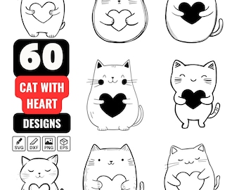 Cat with Heart SVG Bundle, 60 Kawaii Kitty Designs, Valentine Cat Clipart for Cricut, Cute Pet Silhouette, Laser Cut Files, Nursery Cat PNG