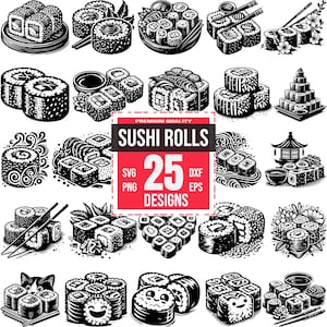 Sushi Roll SVG Bundle, Japanese Food Clipart, Nigiri and Maki PNG, Sushi Logo DXF, Asian Cuisine Vector, Kawaii Sushi Design