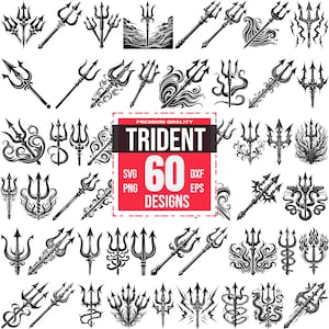 Könnte beinhalten: Ein Satz von 60 Schwarzweiß-Vektorillustrationen von Dreizacken. Die Dreizacke sind in verschiedenen Stilen, darunter einfach, verziert und mit verschiedenen dekorativen Elementen. Der Text "TRIDENT 60 DESIGNS" befindet sich in einem roten Kasten.