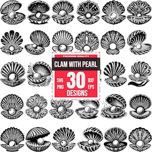 Puede incluir: Un conjunto de 30 ilustraciones vectoriales en blanco y negro de almejas con perlas. Las ilustraciones son de varios estilos, incluyendo simple, ornamentado y caprichoso. El texto "Clam with Pearl 30 Designs" está en un cuadro rojo.