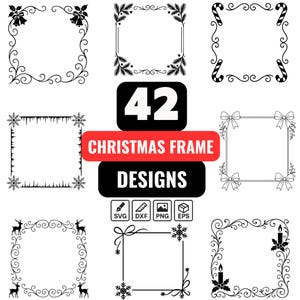 Può includere: Una collezione di 42 design di cornici natalizie in bianco e nero. Le cornici presentano vari elementi a tema festivo, tra cui campane, fiocchi, fiocchi di neve, bastoncini di zucchero e renne. L'immagine include anche icone di tipo di file: SVG, DXF, PNG ed EPS.