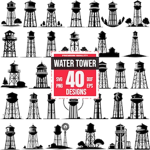 May include: A set of 40 black and white water tower silhouette designs. The designs are in a variety of styles, including traditional, modern, and whimsical. The text "WATER TOWER 40 DESIGNS" is in a red box with a white border.