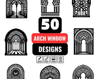 50 bågfönster SVG-paket, orientaliska utsmyckade fönster Clipart PNG, marockanska båge-klippfiler för Cricut, dekorativ arkitektursilhuett
