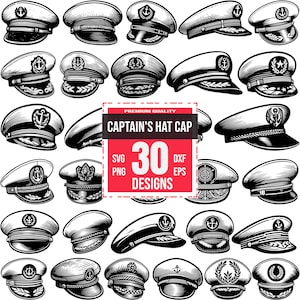 Puede incluir: Un conjunto de 30 diseños de gorras de capitán en blanco y negro. Los diseños son de estilo vintage y presentan varios detalles, como anclas, estrellas y coronas de laurel. El texto "CAPTAIN'S HAT CAP 30 DESIGNS" se muestra en un cuadro rojo.