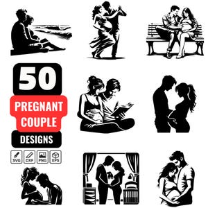Op de afbeelding: Zwart-wit illustraties van zwangere stellen in verschillende poses. De afbeelding toont stellen op het strand, dansend, op een bank, lezend en omhelzend. De tekst luidt "50 Pregnant Couple Designs" met SVG-, DXF-, PNG- en EPS-pictogrammen.