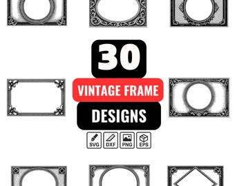 Paquete de 30 marcos SVG vintage: bordes ornamentales, etiquetas retro y marcos decorativos