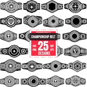 Puede incluir: Un conjunto de 25 diseños de cinturón de campeonato en blanco y negro. Los diseños presentan varios elementos como estrellas, coronas, trofeos y formas geométricas. El texto "PREMIUM QUALITY CHAMPIONSHIP BELT" y "25 DESIGNS" se muestra en un cuadro rojo.