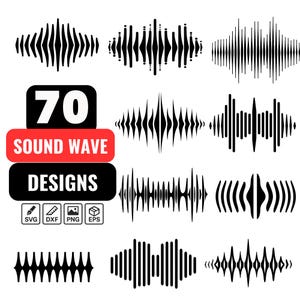 Puede incluir: 70 diseños de ondas sonoras en blanco y negro en formatos SVG, DXF, PNG y EPS. Los diseños son perfectos para crear manualidades digitales o físicas.