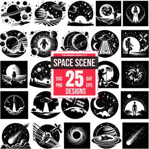 May include: A set of 25 black and white space scene illustrations. The illustrations feature planets, stars, rockets, astronauts, and other space-themed elements. The illustrations are perfect for use in a variety of projects, such as scrapbooking, card making, and digital design.