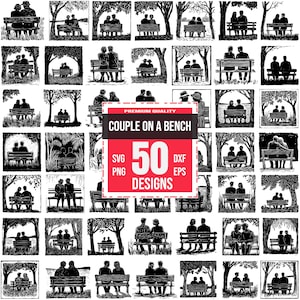 ベンチの上のカップル SVG バンドル、ロマンチックなカップル SVG、ベンチの上の恋人 SVG、関係 SVG、記念日 SVG、デートの夜 SVG、カップルのベクター