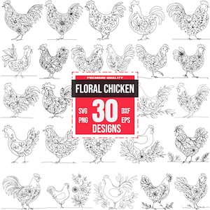 Floral Chicken SVG Bundle | 30 Farmhouse & Rustic Hen Designs | Country, Poultry, Cricut Cut