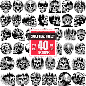 Skull Head Forest SVG Bundle mit 40 gruseligen und von der Natur inspirierten Schädel-Designs für Cricut und Laser-Projekte,