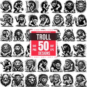 Troll SVG Bundle | 50 Mythical Creature Designs | Fantasy, Gothic Troll Clipart, Cricut and Laser Cut