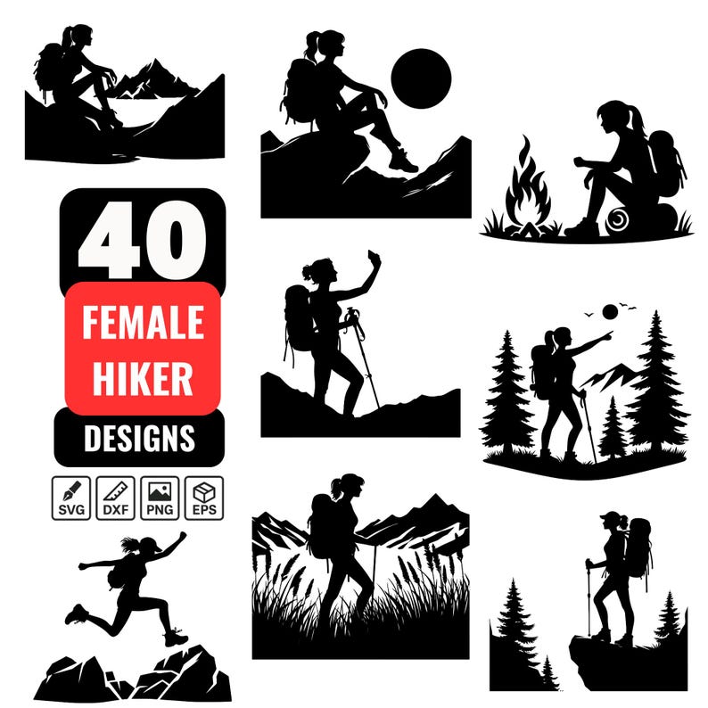May include: A set of 40 female hiker silhouette designs in black and white. The designs feature hikers with backpacks, walking sticks, and various poses in different outdoor settings. The designs are perfect for creating custom crafts, apparel, and other projects.