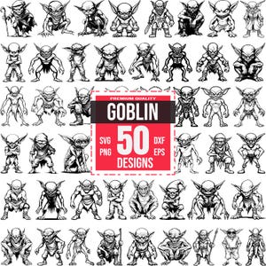 May include: A collection of 50 black and white goblin designs. The goblins are depicted in various poses, some holding weapons or wearing clothing. The image includes the text "PREMIUM QUALITY GOBLIN 50 DESIGNS" with file type icons.