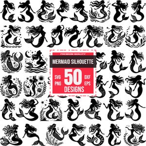 May include: A set of 50 black and white mermaid silhouette designs. The designs are in a variety of poses and styles, including mermaids with long flowing hair, mermaids with tails, and mermaids with shells. The designs are perfect for use in crafting, scrapbooking, and other creative projects.