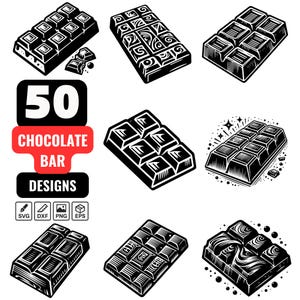 May include: A collection of 50 chocolate bar designs featuring various black and white graphic illustrations of segmented chocolate bars with different textures and patterns, including text that reads 50 CHOCOLATE BAR DESIGNS with SVG, DXF, PNG, and EPS icons.