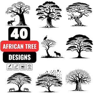 40 African Tree SVG Bundle – Baobab, Acacia & Wildlife Scene, Safari Silhouettes, African Landscape, Baobab and Acacia Tree, Jungle Wildlife
