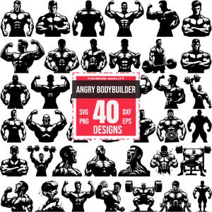 Paquete de 40 SVG de culturistas enojados, clipart de entrenamiento de gimnasio, silueta de músculo fitness PNG, DXF de levantamiento de pesas, vector de logotipo de levantamiento de potencia