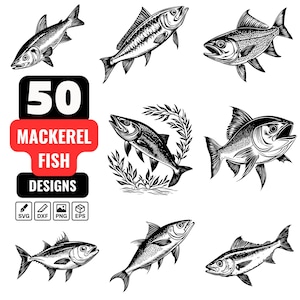 Mackerel Fish SVG Bundle, 50 Mackerel Clipart Designs, Fish PNG, Fishing Fish Silhouette, Sea Food Art, Cricut, Sublimation