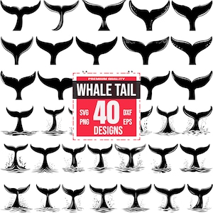 May include: A set of 40 black whale tail silhouettes in various poses. Some tails are in the water with splashes, while others are above the water. The text "WHALE TAIL" and "40 DESIGNS" is in a red box.