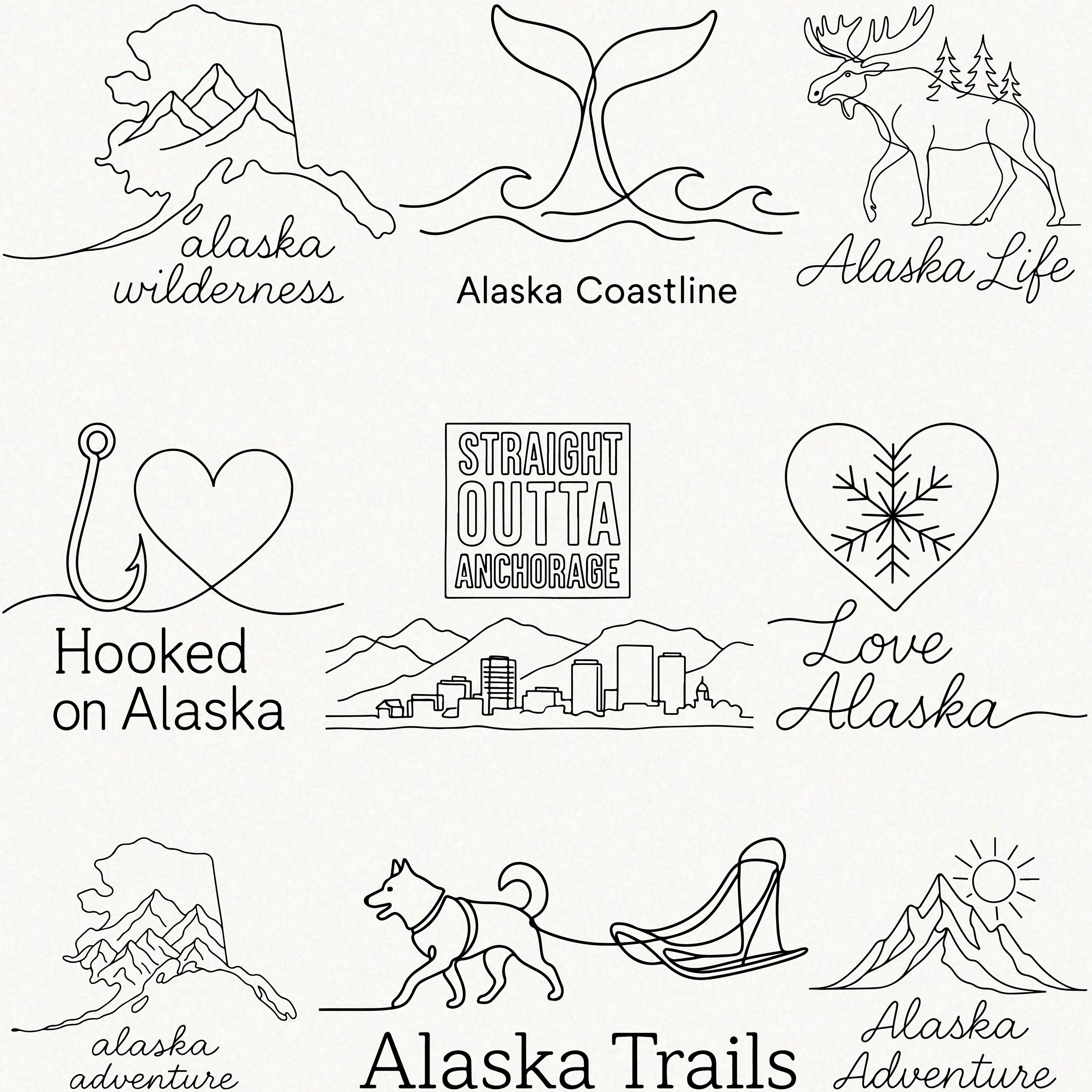 Alaska Line Art SVG Bundle – 50 State Pride, Wildlife, Fishing, and ...