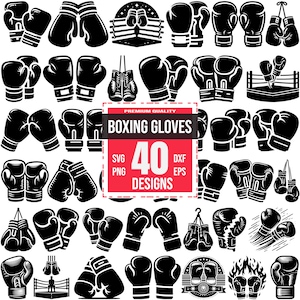 以下が含まれることがあります： 白黒のボクシンググローブのイラスト40点セット。イラストには、ストラップ付きのグローブ、紐付きのグローブ、ボクシングリングを背景にしたグローブなど、さまざまなボクシンググローブのデザインが含まれています。テキスト「PREMIUM QUALITY BOXING GLOVES 40 DESIGNS SVG PNG DXF EPS」は赤いボックスに表示されています。